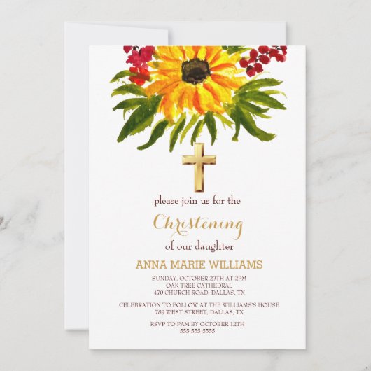 Rustieke Zonnebloem groen gouden kruis doop Kaart (Voorkant)