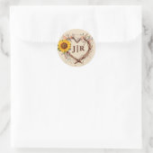 Rustieke Zonnebloem Hart Monogram Bruiloft Ronde Sticker (Tas)