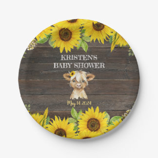 Rustieke Zonnebloem Highland Koe Baby shower Papieren Bordje