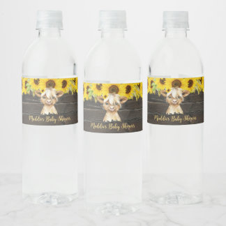 Rustieke Zonnebloem Highland Koe Baby shower Waterfles Etiket