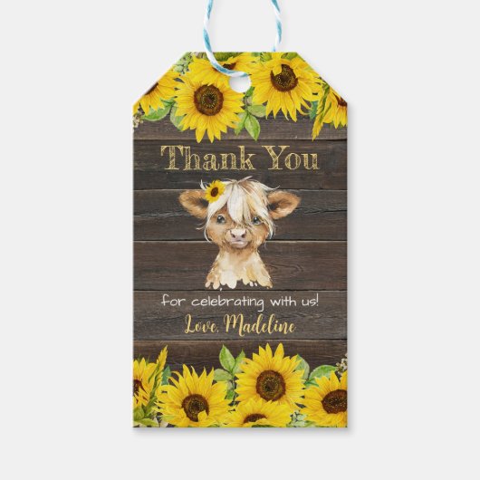 Rustieke Zonnebloem Highland Koe Dank u voor uw pl Cadeaulabel (Voorkant)