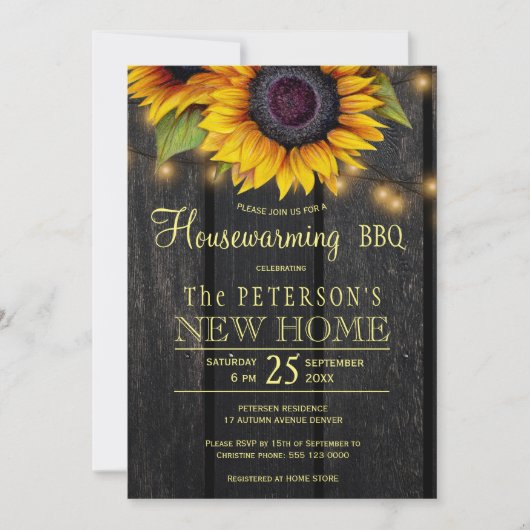 Rustieke zonnebloem housewarming party uitnodiging (Voorkant)