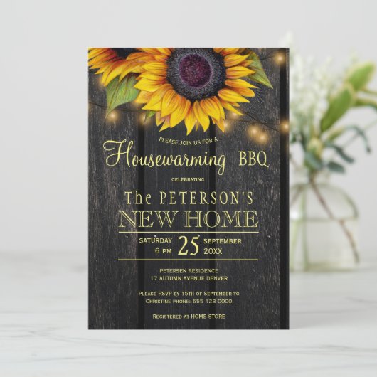Rustieke zonnebloem housewarming party uitnodiging (Staand voorkant)