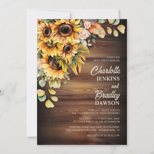 Rustieke Zonnebloem Hout Bruiloft Kaart (Voorkant)