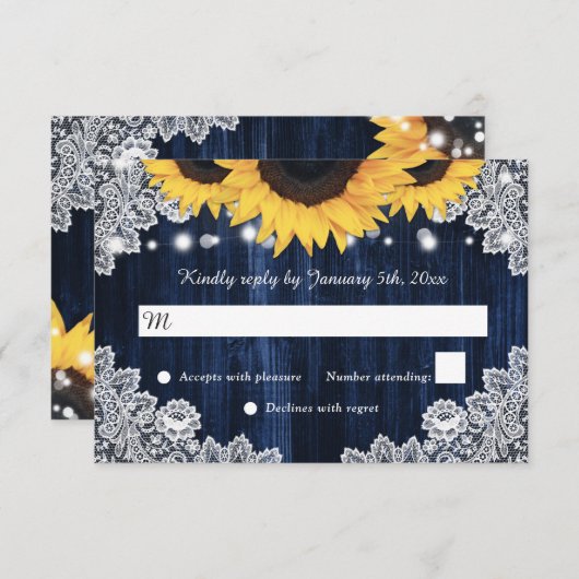 Rustieke Zonnebloem Hout Marine Blauw Bruiloft RSVP Kaartje (Voorkant / Achterkant)