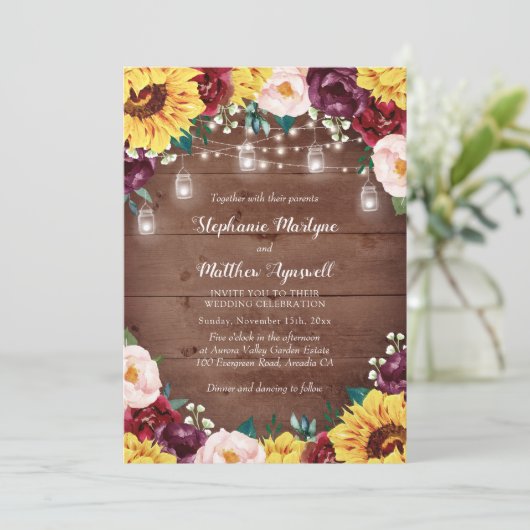 Rustieke Zonnebloem Hout Mason Jar Lights Bruiloft Kaart (Staand voorkant)