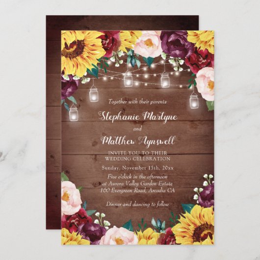 Rustieke Zonnebloem Hout Mason Jar Lights Bruiloft Kaart (Voorkant / Achterkant)