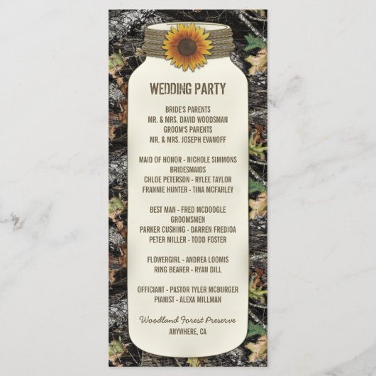 Rustieke Zonnebloem Mason Jar Camo Trouwprogramma' Programma (Achterkant)