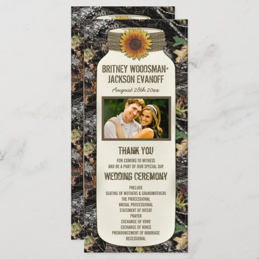 Rustieke Zonnebloem Mason Jar Camo Trouwprogramma' Programma (Voorkant / Achterkant)