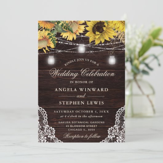 Rustieke Zonnebloem & Mason Jar Lights Bruiloft Kaart (Staand voorkant)