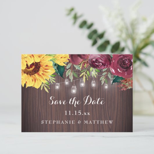 Rustieke Zonnebloem Mason Jar Lights Hout Bruiloft Save The Date (Staand voorkant)