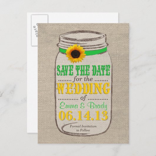 Rustieke Zonnebloem & Mason Jar Save the Date Gree Aankondigingskaart (Voorkant / Achterkant)