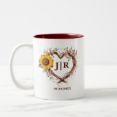 Rustieke Zonnebloem Monogram Huwelijk Hart Branch Tweekleurige Koffiemok (Links)