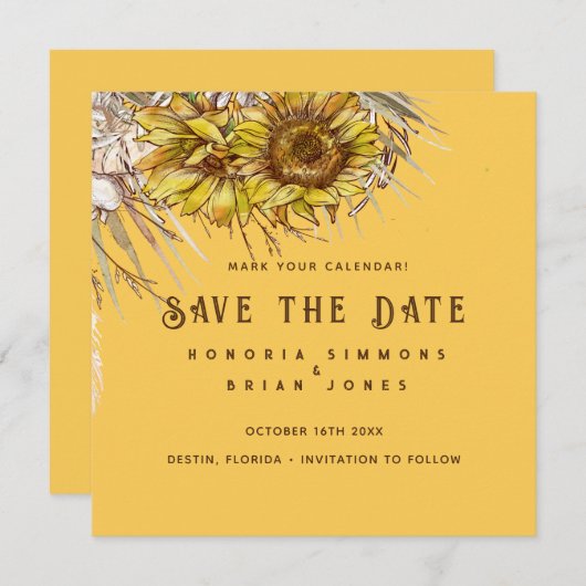 Rustieke Zonnebloem Mosterd Vierkant Save the Date (Voorkant / Achterkant)