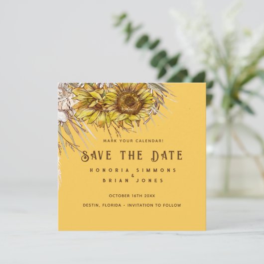 Rustieke Zonnebloem Mosterd Vierkant Save the Date (Staand voorkant)