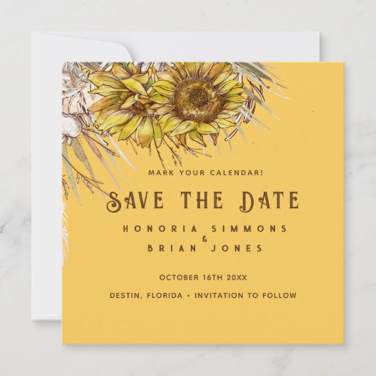 Rustieke Zonnebloem Mosterd Vierkant Save the Date (Voorkant)