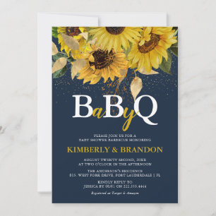 Rustieke Zonnebloem, Navy & Goud BBQ Baby Shower Kaart