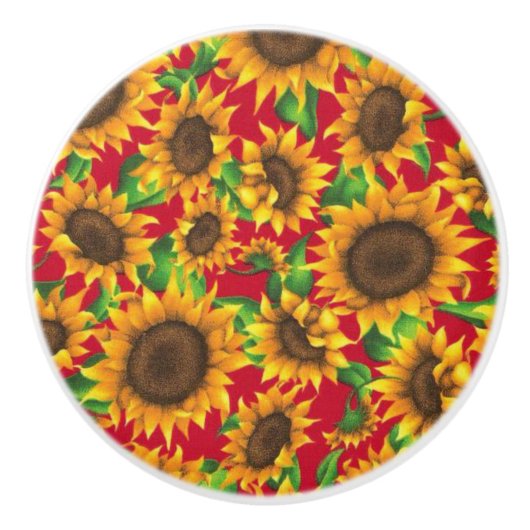 Rustieke zonnebloem rood geel patroon keramische knop (Voorkant)