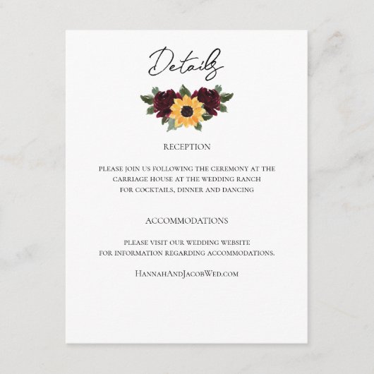 Rustieke Zonnebloem Rozen Bruiloft Details Informatiekaartje (Voorkant)