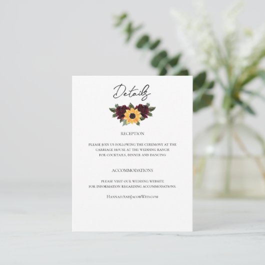 Rustieke Zonnebloem Rozen Bruiloft Details Informatiekaartje (Staand voorkant)