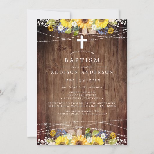 Rustieke Zonnebloem String Lights Hout Cross Doop Kaart (Voorkant)