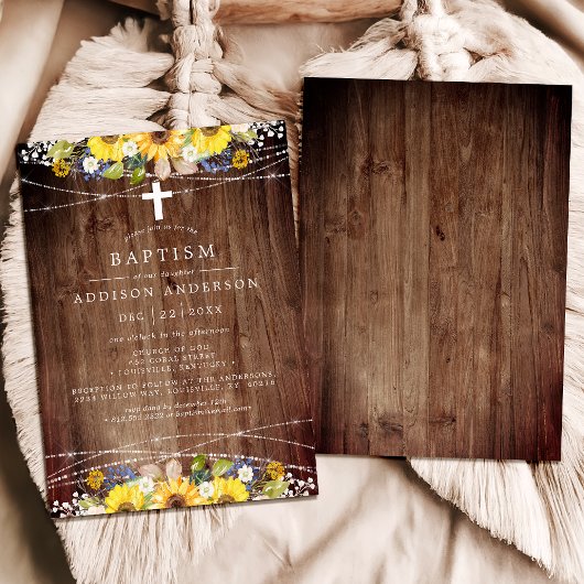 Rustieke Zonnebloem String Lights Hout Cross Doop Kaart