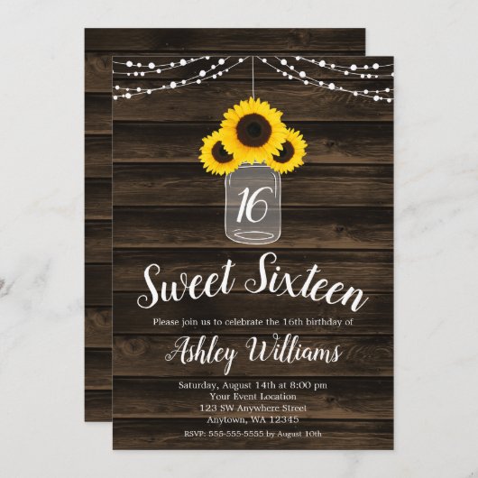 Rustieke Zonnebloem String Lights Sweet 16 Invites Kaart (Voorkant / Achterkant)