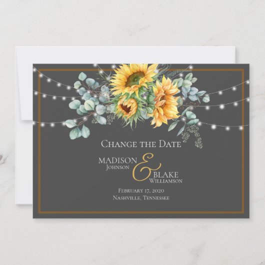 Rustieke Zonnebloem String Lights Verander de Datu Save The Date (Voorkant)