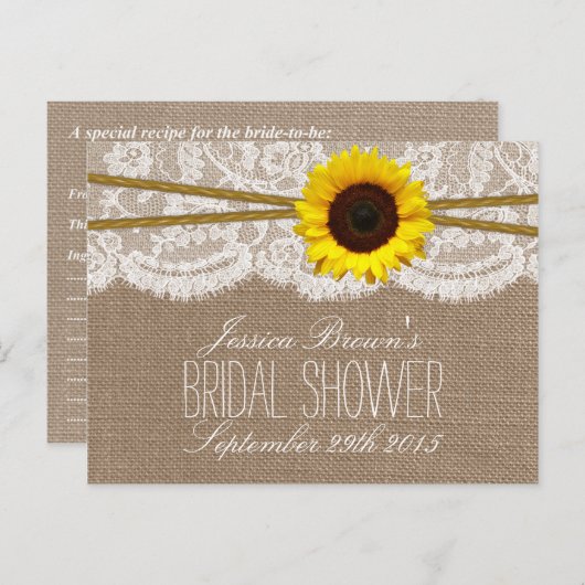 Rustieke Zonnebloem Vrijgezellenfeest Recept Kaart (Voorkant / Achterkant)