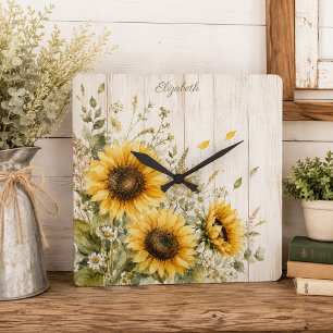 Rustieke zonnebloem waterverf bloemschildering boe vierkante klok