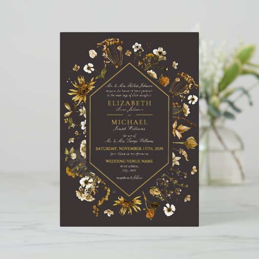 Rustieke zonnebloemen botanische formele bruiloft  folie uitnodiging (Staand Voorkant)