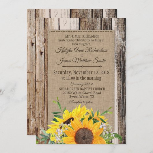 Rustieke zonnebloemen bruiloft uitnodiging (Voorkant / Achterkant)