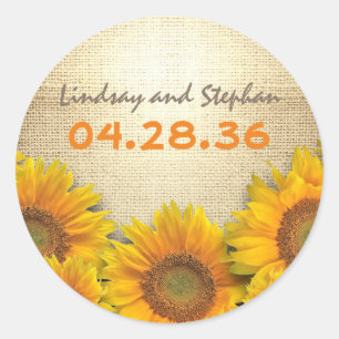 Rustieke Zonnebloemen Burlap Bruiloft Ronde Sticker