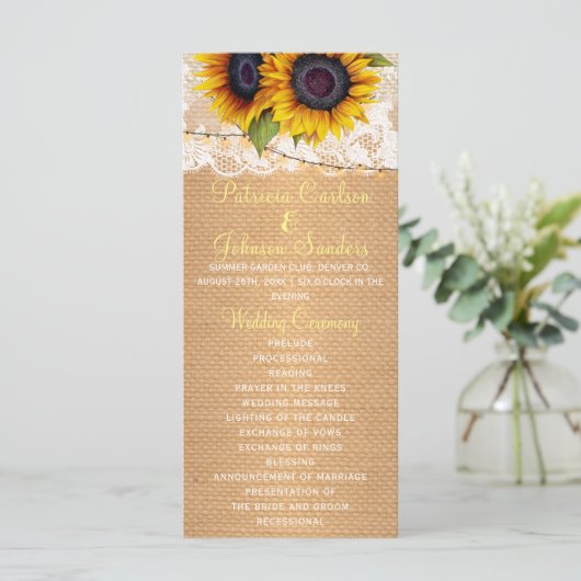Rustieke zonnebloemen burlap en kant bruiloft prog programma (Staand voorkant)