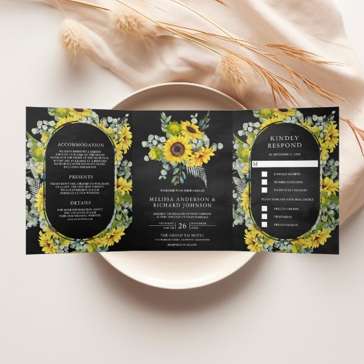 Rustieke zonnebloemen Eucalyptus 3 in 1 zwart brui Drieluik Uitnodiging