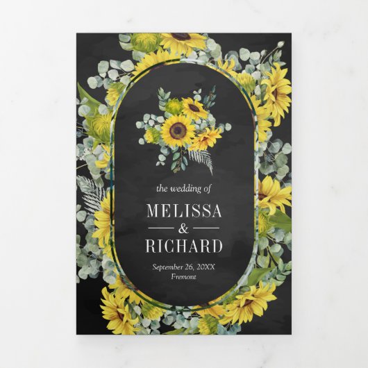 Rustieke zonnebloemen Eucalyptus 3 in 1 zwart brui Drieluik Uitnodiging (Cover)