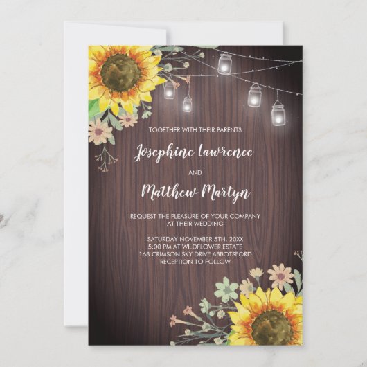 Rustieke Zonnebloemen Hout Mason Jar Bruiloft Kaart (Voorkant)