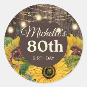 Rustieke zonnebloemen houten slingerlichtjes 80ste ronde sticker