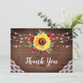 Rustieke Zonnebloemen Kant Rood Bloemen Hout Bruil Bedankkaart (Staand voorkant)
