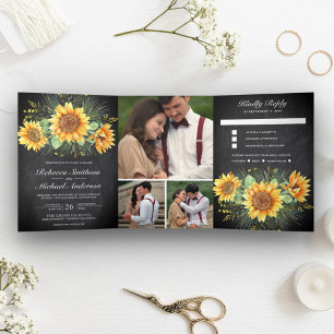 Rustieke zonnebloemen krijtbord foto collage bruil drieluik uitnodiging