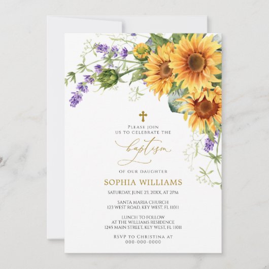 Rustieke Zonnebloemen & Lavander Doop Uitnodiging (Voorkant)