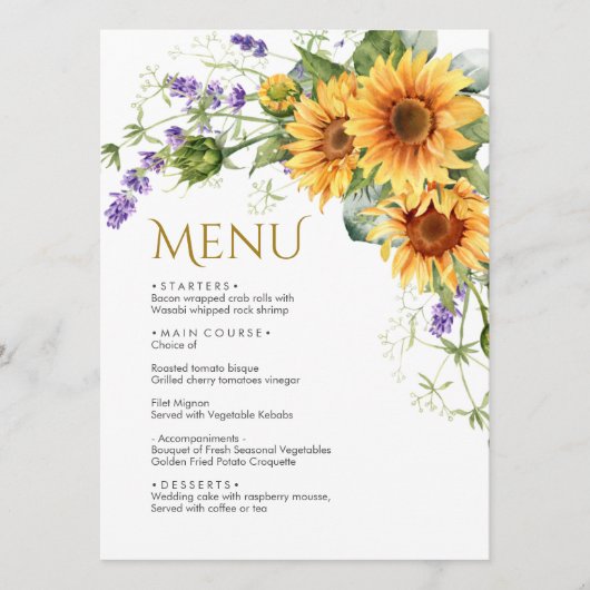 Rustieke Zonnebloemen & Lavendel Bruiloft Menu (Voorkant)