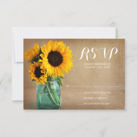 Rustieke Zonnebloemen Mason Jar Country Wedding RS RSVP Kaartje (Voorkant)