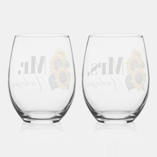 Rustieke Zonnebloemen Mr. en Mrs. Wijnglas Zonder Voet (Achterkant)