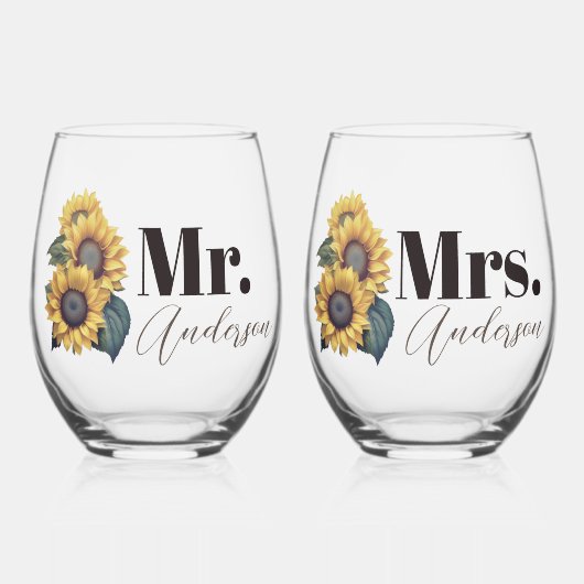 Rustieke Zonnebloemen Mr. en Mrs. Wijnglas Zonder Voet (Voorkant)