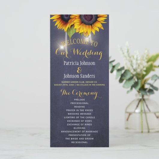 Rustieke zonnebloemen navy blauw bruiloft programm programma (Staand voorkant)
