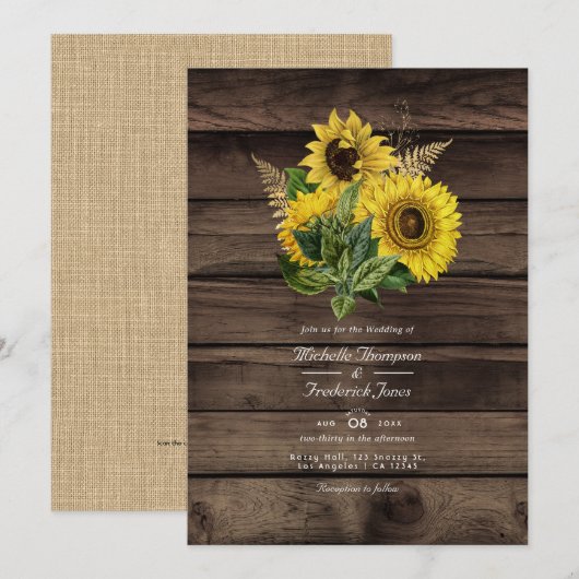 Rustieke Zonnebloemen QR Code RSVP Landelijke Brui Kaart (Voorkant / Achterkant)