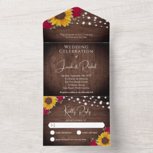 Rustieke zonnebloemen rode rozen steken lichten br all in one uitnodiging