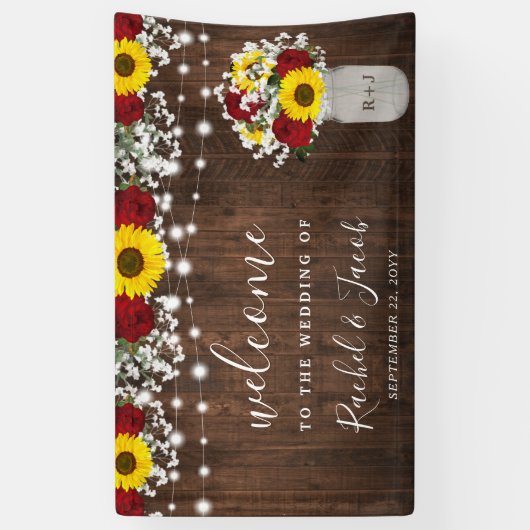 Rustieke Zonnebloemen Rozen Jar String Lights Brui Spandoek (Verticaal)