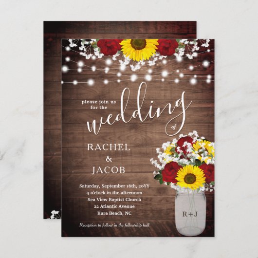 Rustieke Zonnebloemen & Rozen Mason Jar Bruiloft (Voorkant / Achterkant)